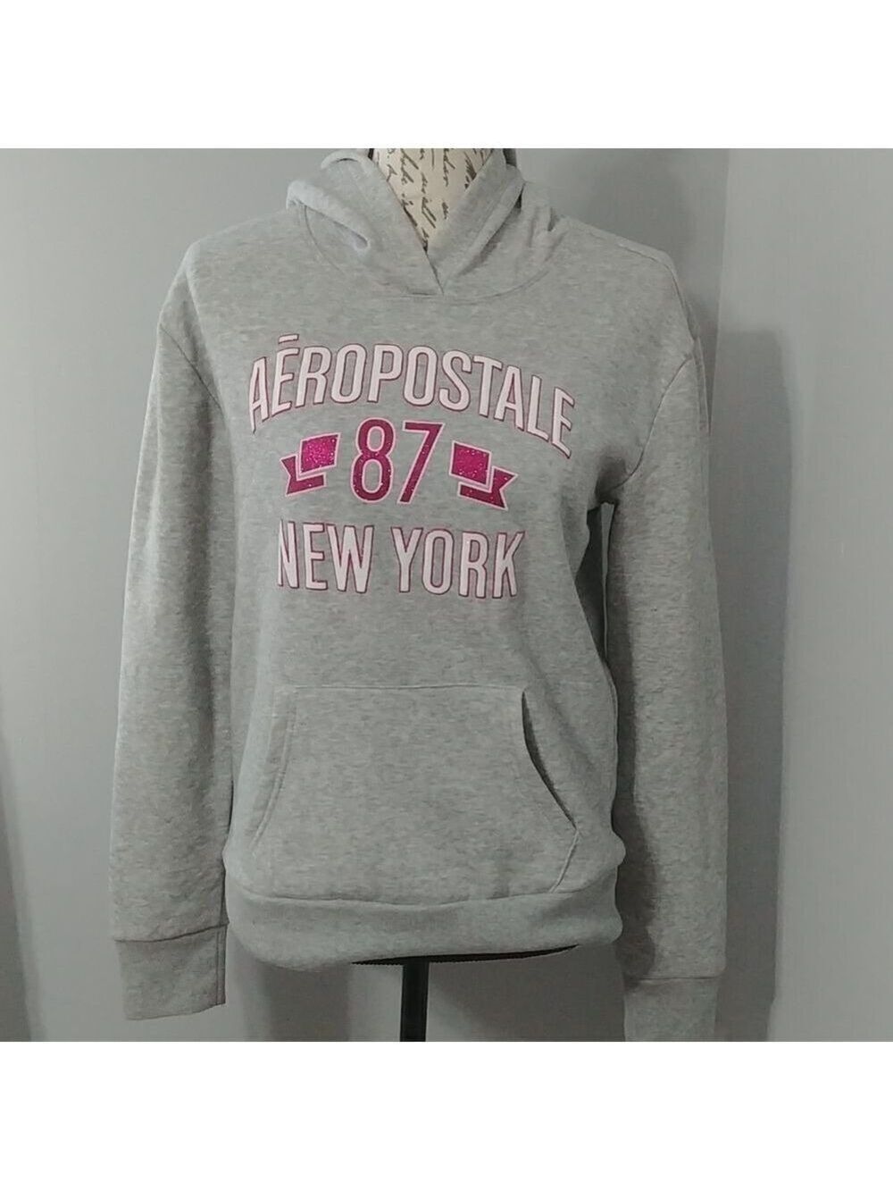 -Aeropostale grey hoodie with glitter pink lettering S (fits small)